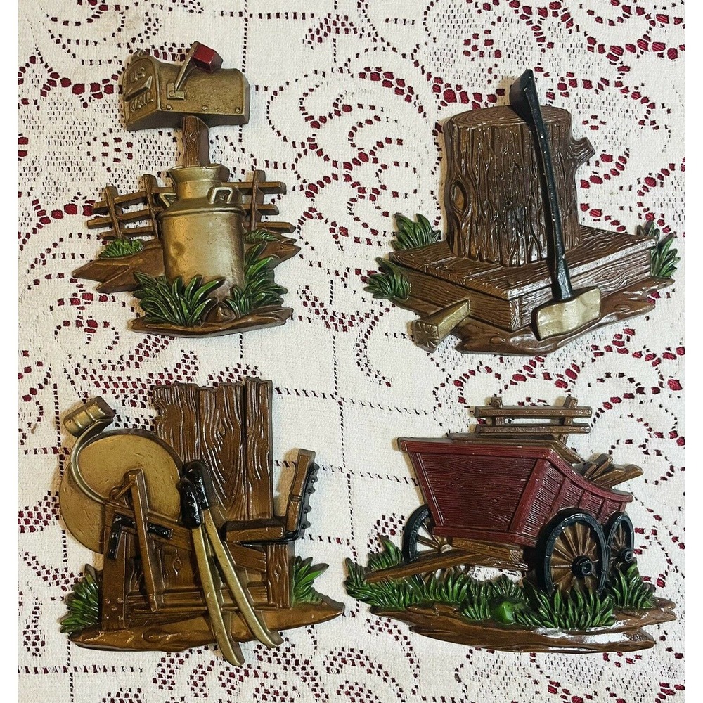 Vintage Sexton 1976 USA Hoda 4 pc Metal Wall Plaque Set Country Farm Scenes MCM